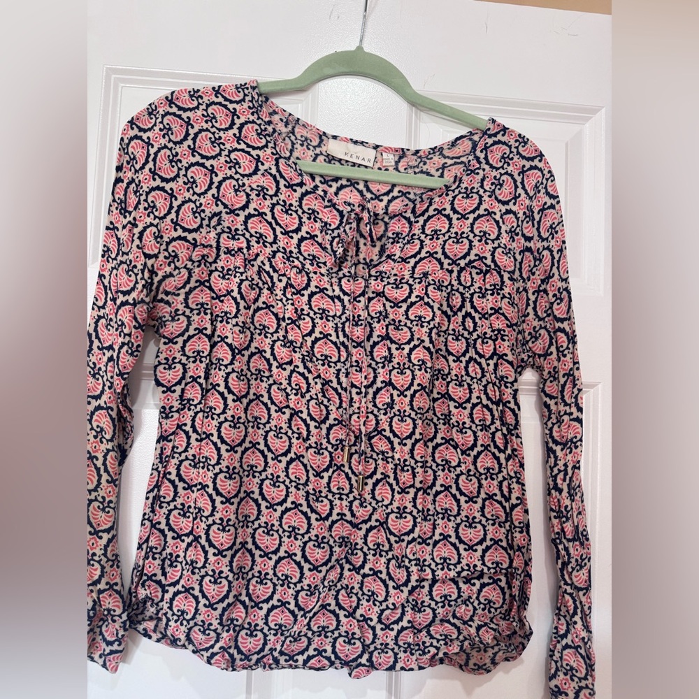 Kenar Pink and Navy Paisley Tie-Neck Blouse